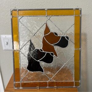 Handcrafted Stained Glass Brown/Blk & Blk Great Dane 16 1/2”x14 1/4” Suncatcher